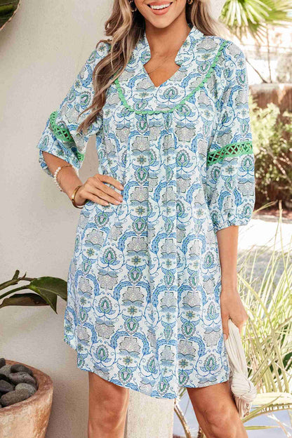 Mini Robe Loose Bleu Ciel Imprimé Paisley Bohème Manches Bracelet Femme by Shewin