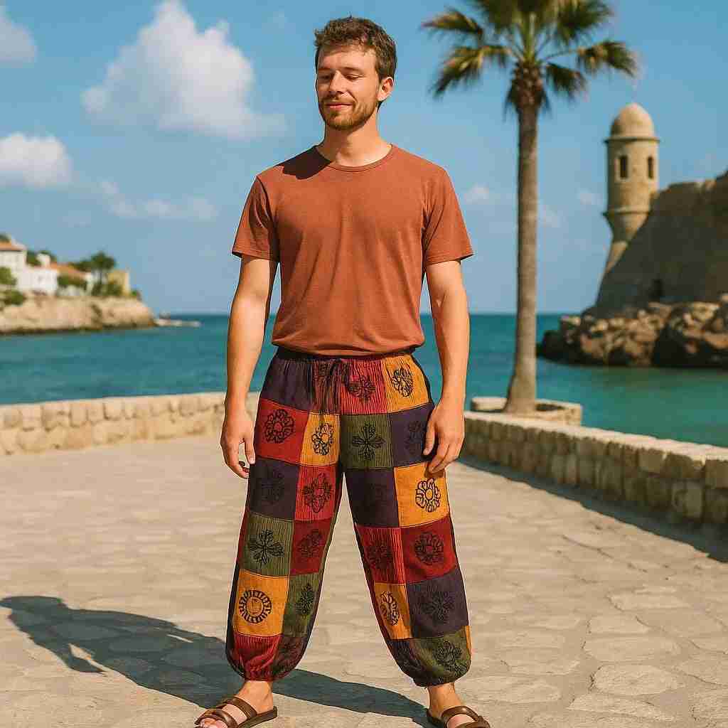 Pantalon bohème ample à patchs, motifs champignons, tons orange et multicolores