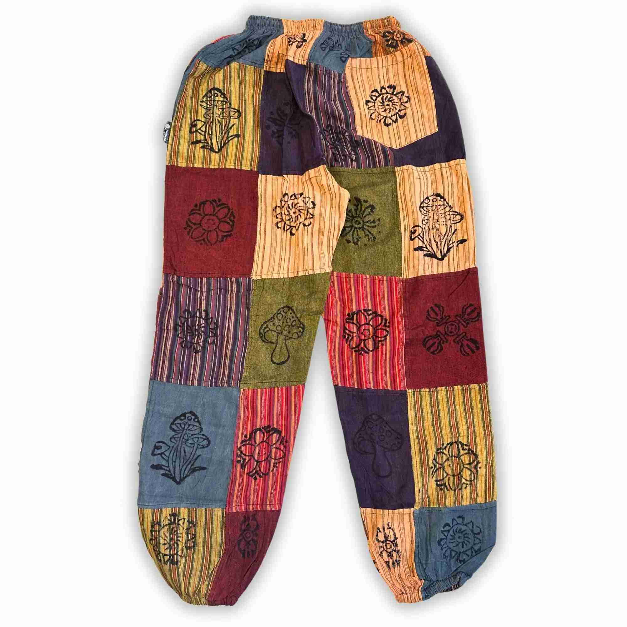 Pantalon bouffant patchwork multicolore, jambes larges, taille élastique.