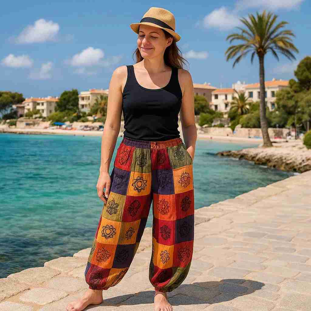 Pantalon ample patchwork multicolore à motifs, taille élastique.
