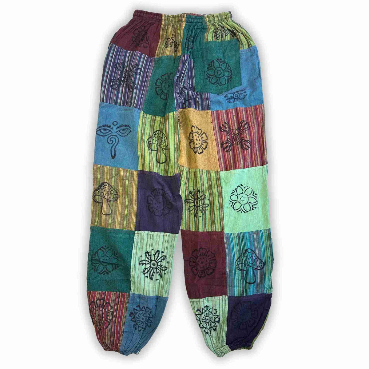 Pantalon bohème patchwork multicolore à taille élastique, motifs floraux et formes champignons