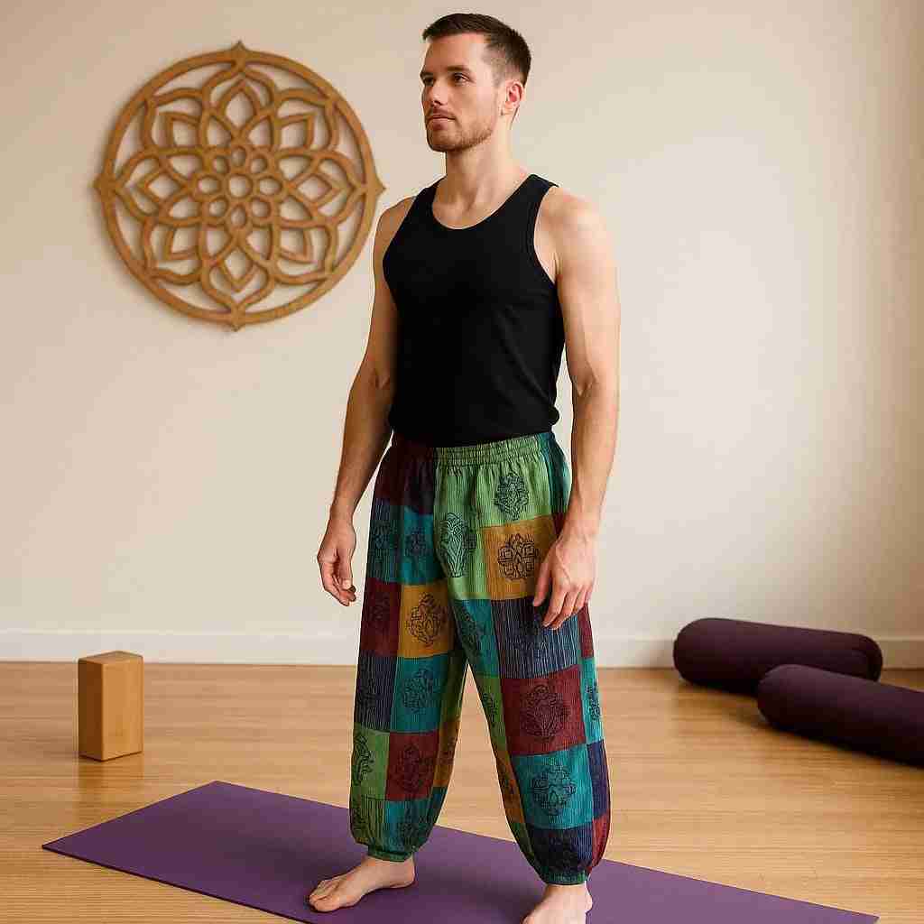 Pantalon ample bohème patchwork à taille élastique, imprimé champignons verts et couleurs