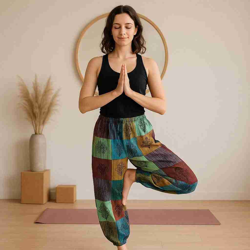 Pantalon ample patchwork motifs de champignons, bleu-vert-violet, taille élastique.