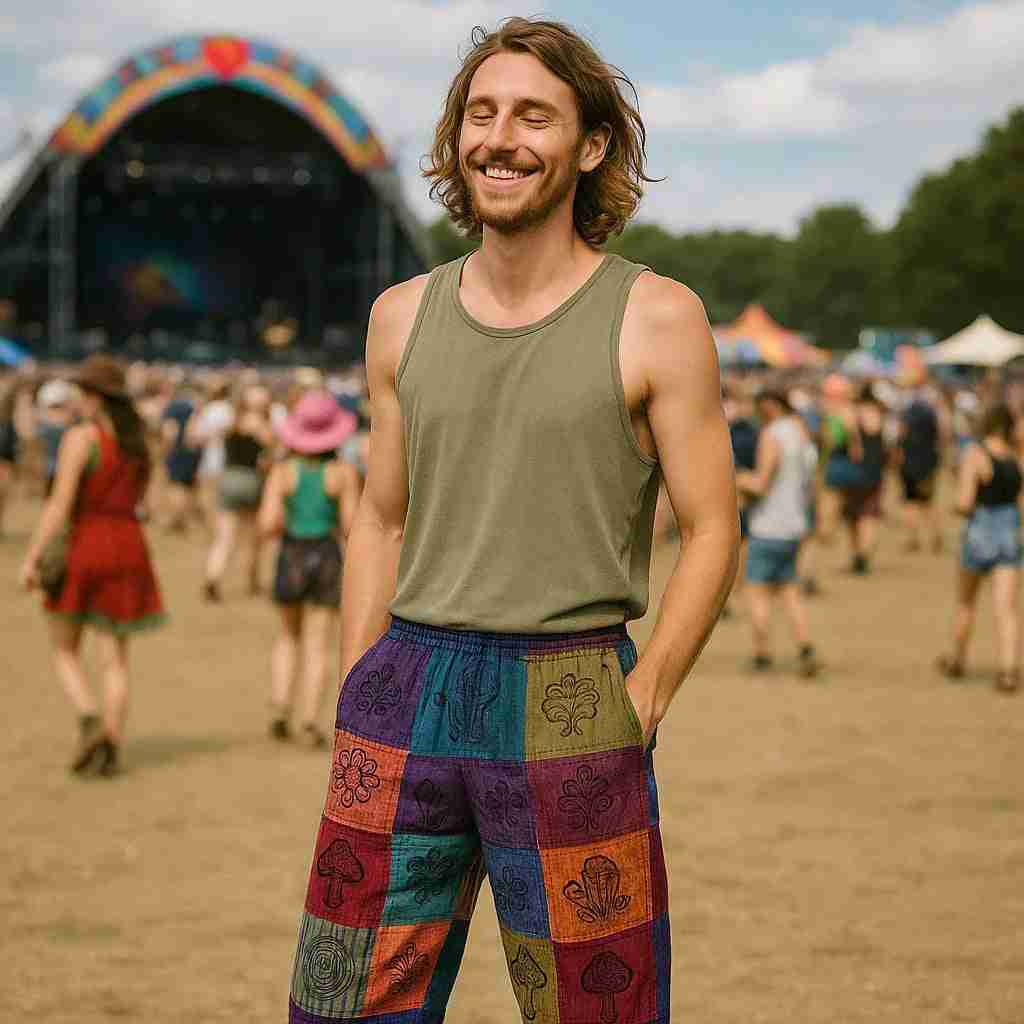 Pantalon ample patchwork à imprimé de champignons, tons violets, taille élastique