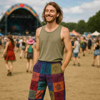 Pantalon ample patchwork à imprimé de champignons, tons violets, taille élastique