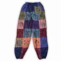 Pantalon patchwork bohème à imprimés champignons, taille élastique à cordon, tons violets