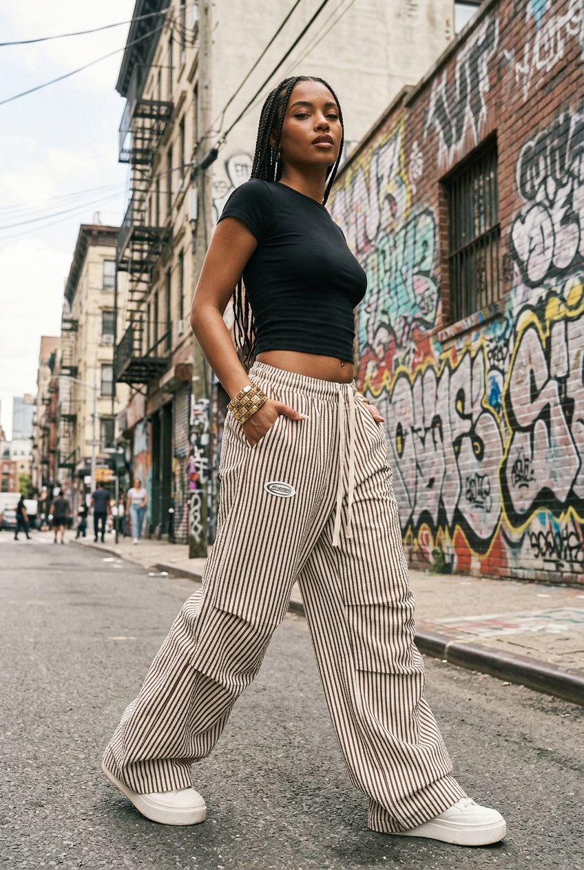 Pantalon cargo kaki taille haute à cordon pour femme – vue 1