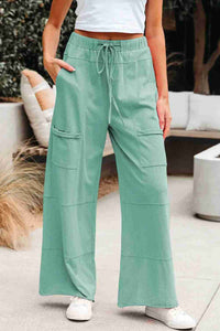 Pantalon cargo femme vert menthe, jambes amples, taille élastique à cordon, poches cargo