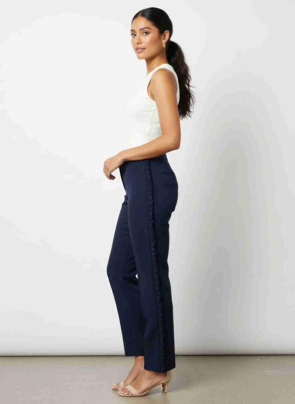 Pantalon slim femme bleu marine à taille haute, longueur cheville