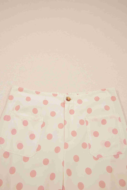 Pantalon Droit Imprimé Pois Blanc Taille Mi-Haute Poches Femme by Shewin