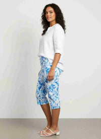 Pantalon femme court imprimé feuilles bleu, taille élastique, coupe capri