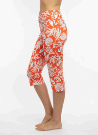 Pantalon femme court imprimé feuilles rouges, taille élastique, jambes jusqu’au mollet
