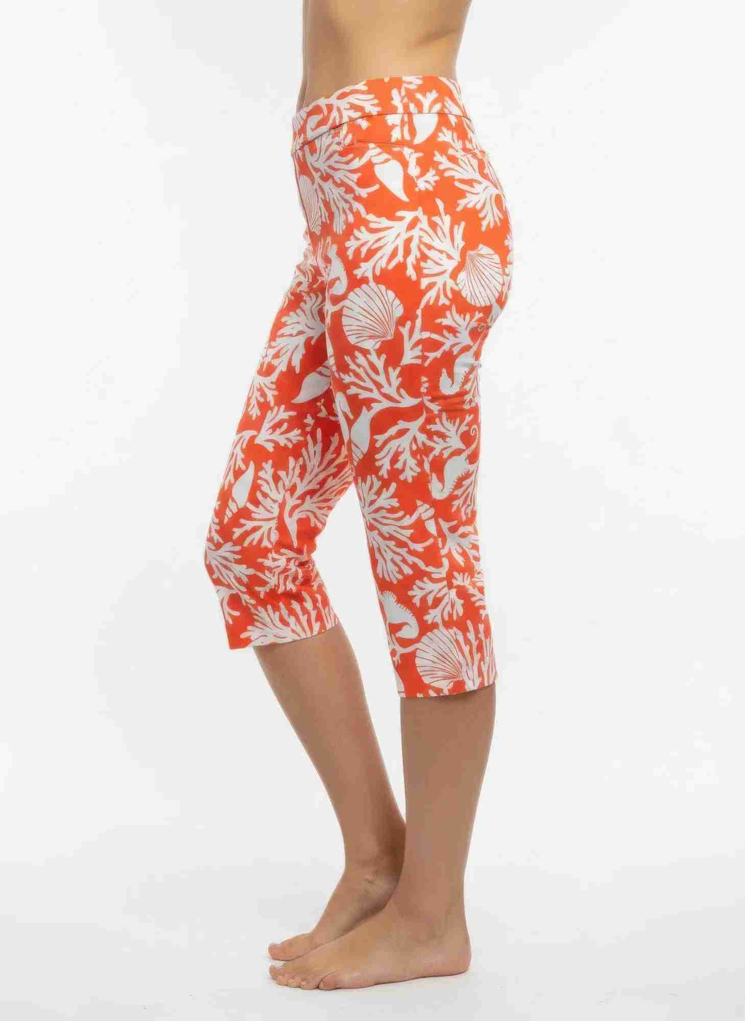 Pantalon femme court imprimé feuilles rouges, taille élastique, jambes jusqu’au mollet