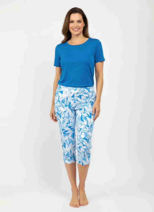 Pantalon femme court imprimé feuilles bleu sur fond clair, taille élastique