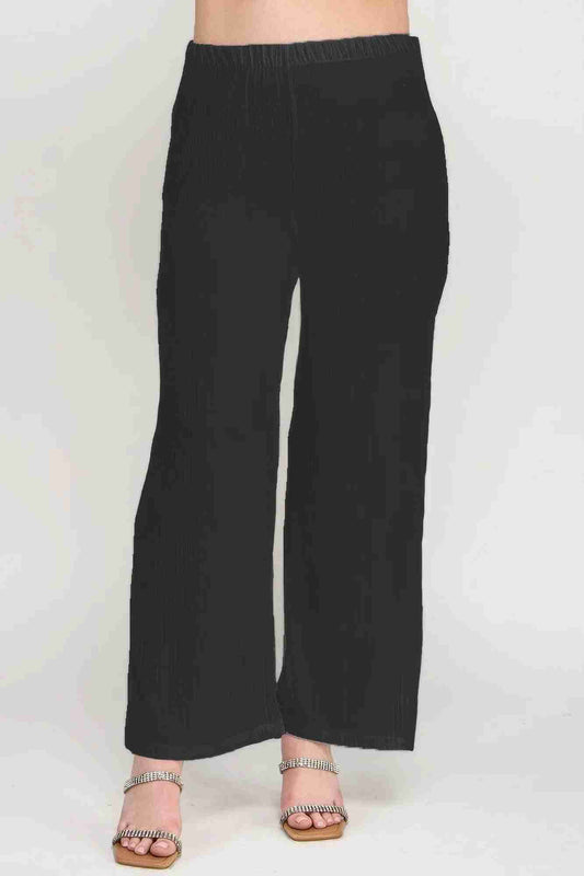 Pantalon Grandes Tailles Crinkle Knit Jambe Large Élastique Oléna-Fashion