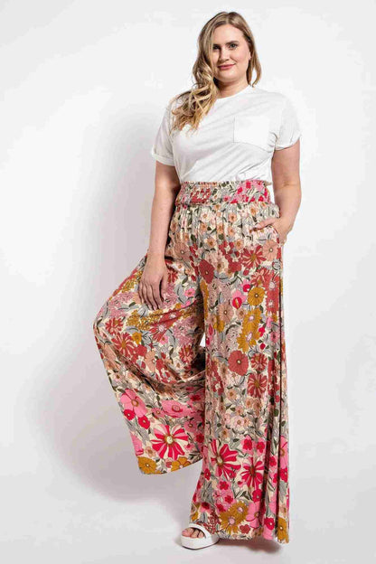 Pantalon Grandes Tailles Patte d'Éléphant Taille Smockée Poche - Rose Oléna-Fashion