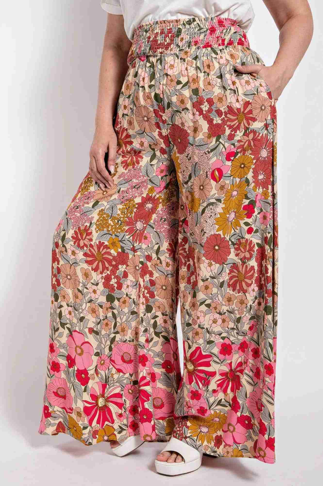 Pantalon Grandes Tailles Patte d'Éléphant Taille Smockée Poche - Rose Oléna-Fashion