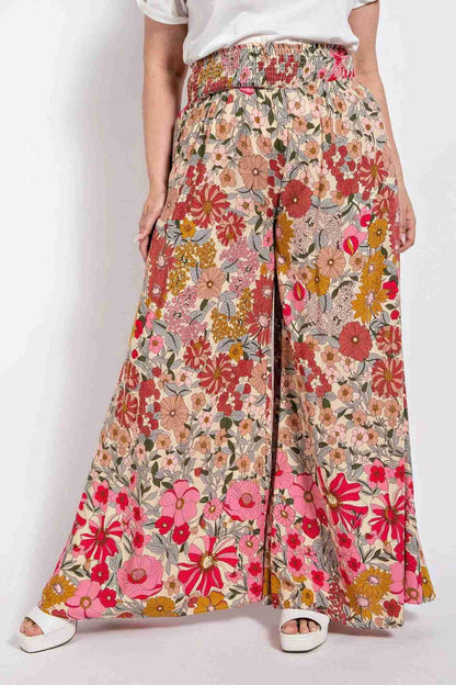 Pantalon Grandes Tailles Patte d'Éléphant Taille Smockée Poche - Rose Oléna-Fashion