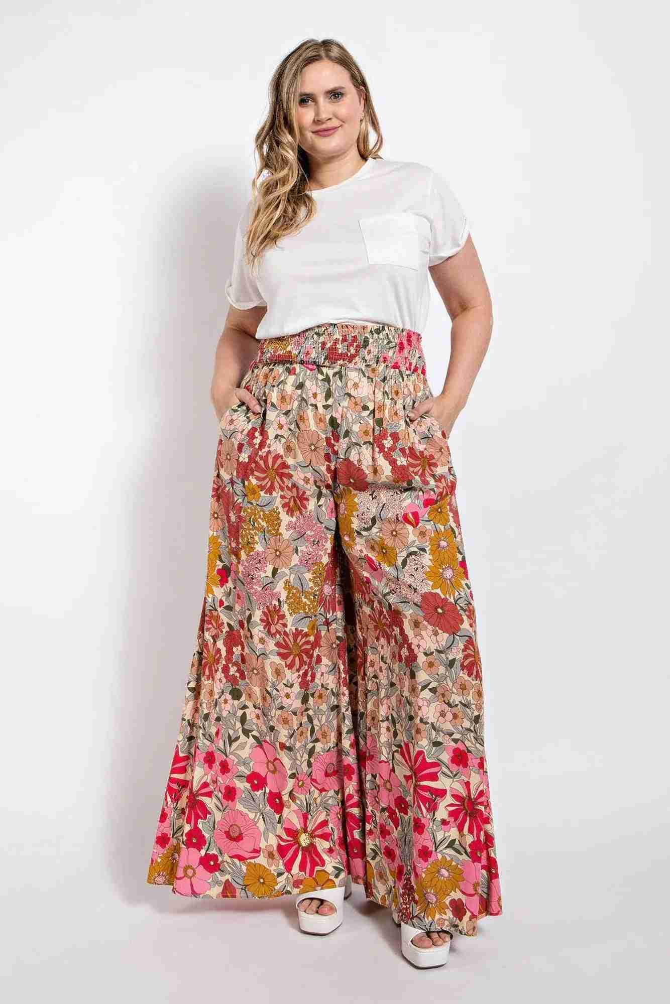 Pantalon Grandes Tailles Patte d'Éléphant Taille Smockée Poche - Rose Oléna-Fashion