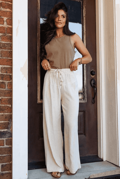 Pantalon Large Femme Taille Élastique Plis & Boutons Coton-Viscose – Gris Clair by Dear-Lover Dropshipping