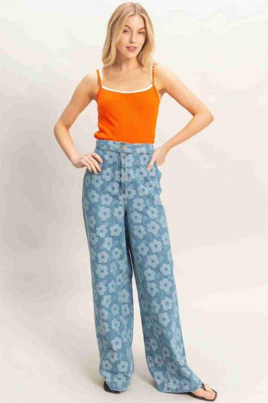 Pantalon Large Floral Femme – Jambes Évasées Imprimé Floral Bleu Oléna-Fashion