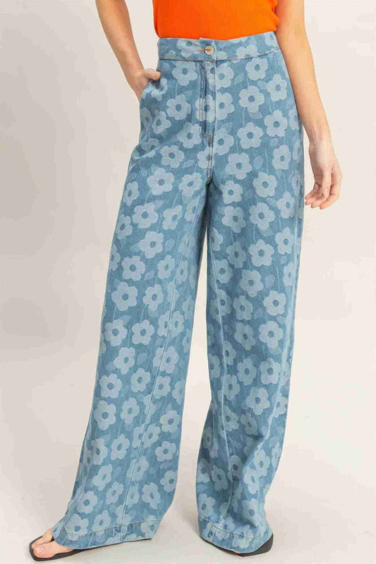 Pantalon Large Floral Femme – Jambes Évasées Imprimé Floral Bleu Oléna-Fashion