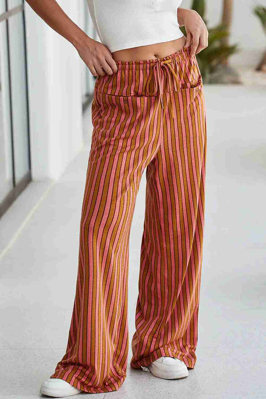 Pantalon Large Rayé Rouge Taille Élastique Poches Femme Oléna-Fashion