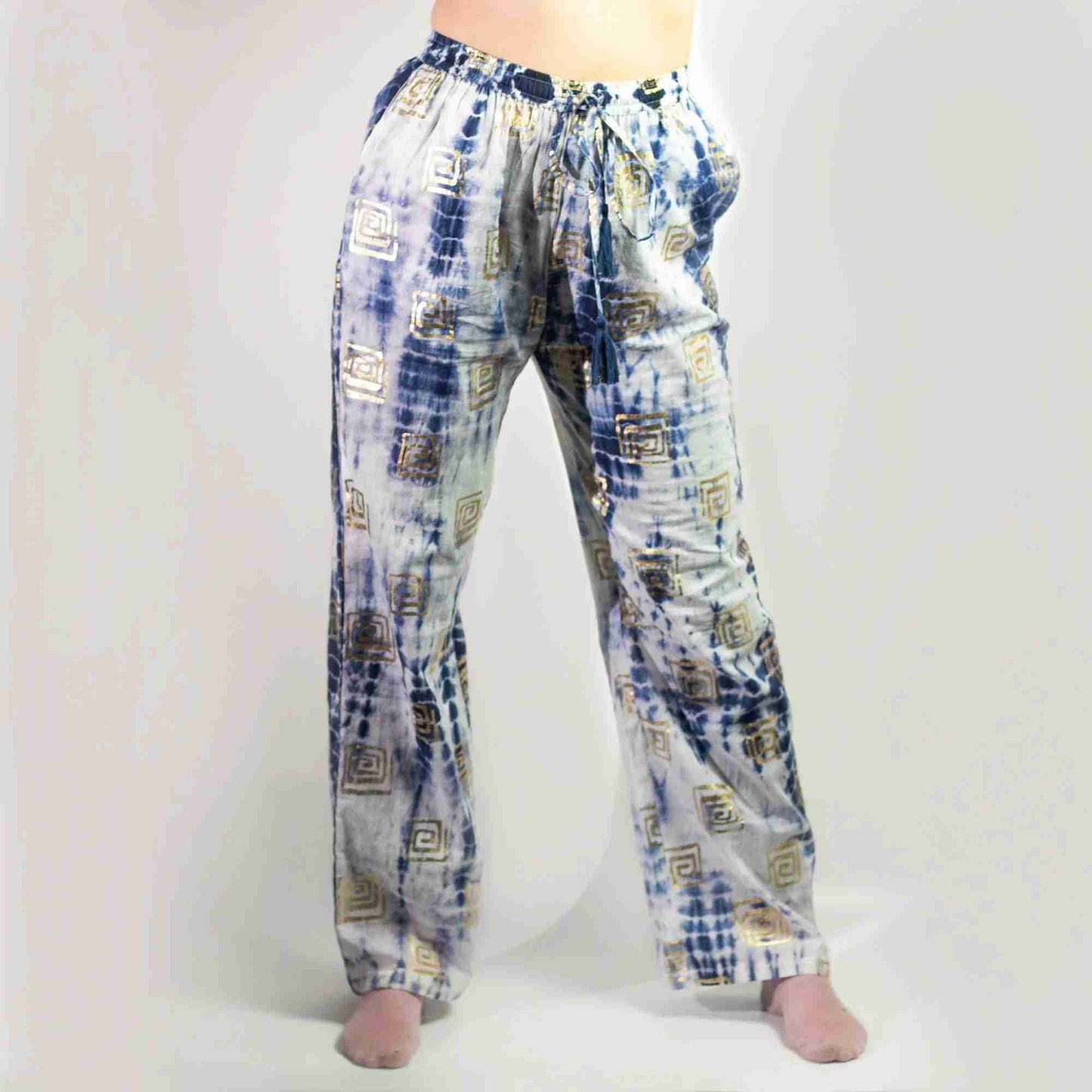 Pantalon Lounge Motif Grec Or & Bleu Peint à la Main - Sari Nomade by AWGifts Dropship