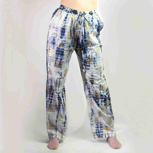 Pantalon Lounge Motif Grec Or & Bleu Peint à la Main - Sari Nomade by AWGifts Dropship