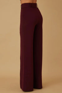 Pantalon taille haute évasé bordeaux, vue de côté, taille ceinturée à boucle
