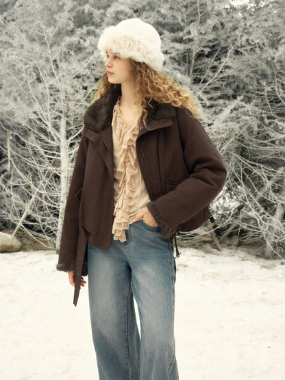 Parka courte marron pour femme, col en fourrure – vue 4