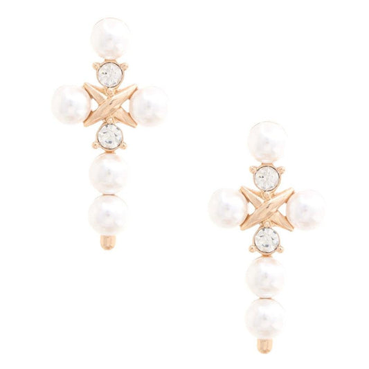 Pearl Bead Cross Dangle Earring - Premium  - Shop now at Oléna-Fashion