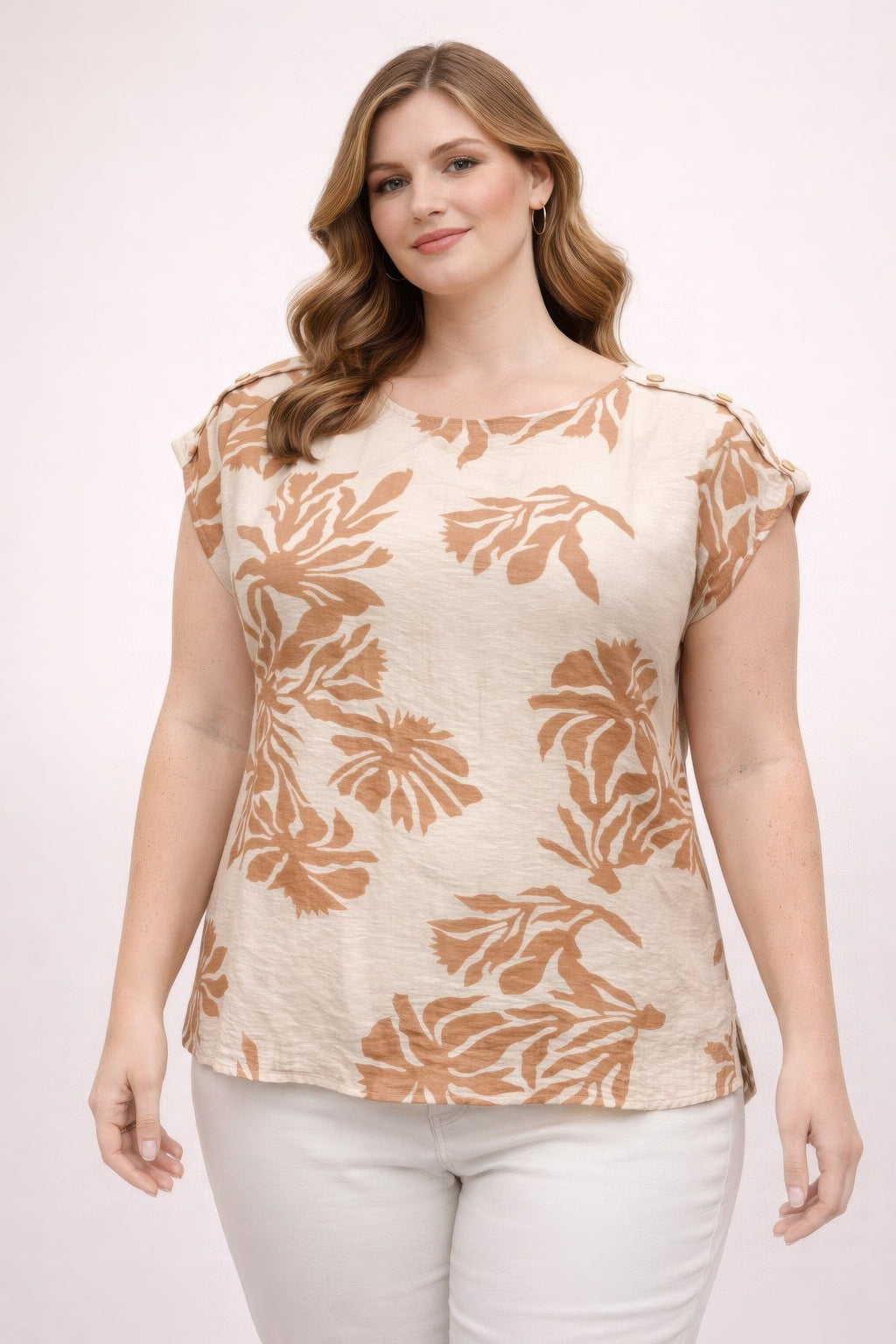 Top ample grande taille imprimé tropical beige à fleurs, col rond