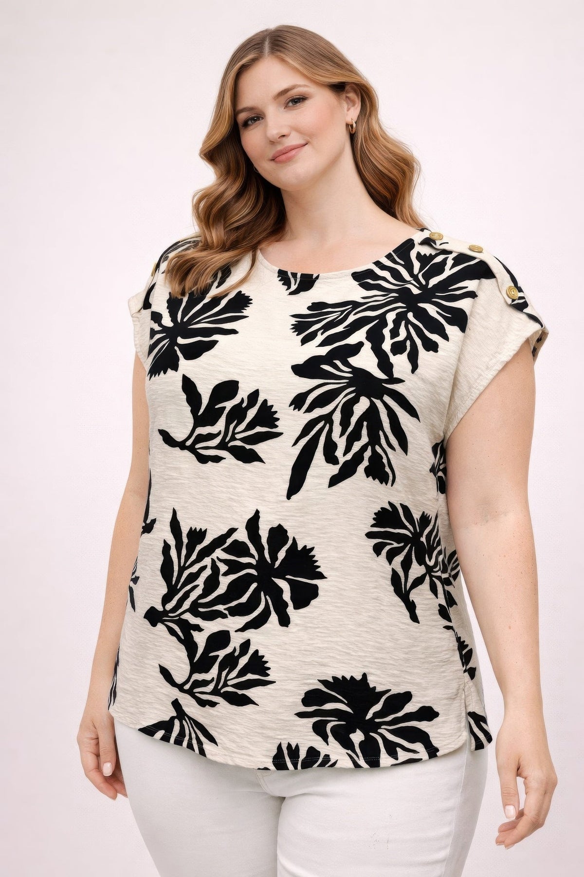 Top ample grande taille imprimé tropical noir et blanc, encolure ronde