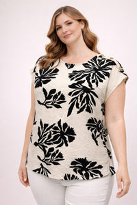 Top ample grande taille imprimé tropical noir et blanc, encolure ronde