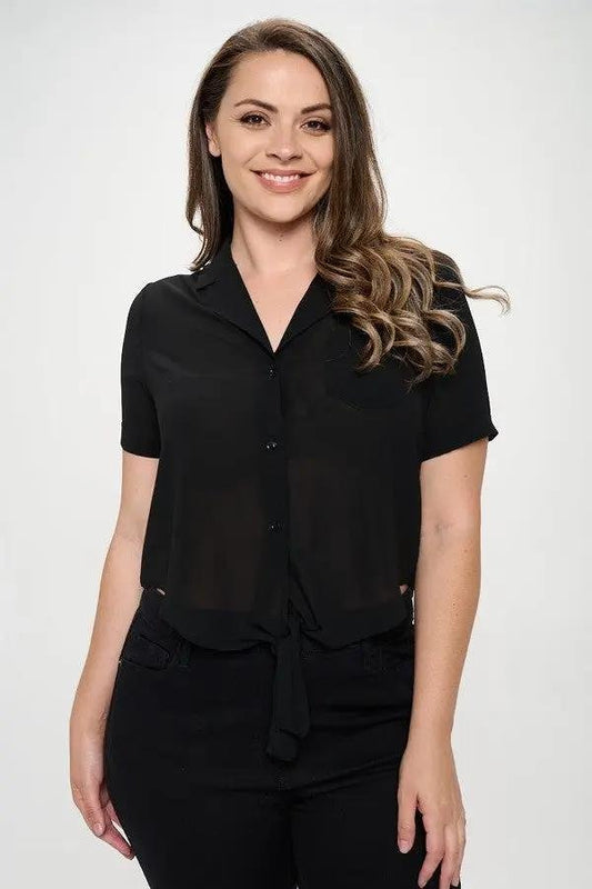 Plus Solid Chiffon Button Down Tie Front Short Sleeve Top - Premium  - Shop now at Oléna-Fashion