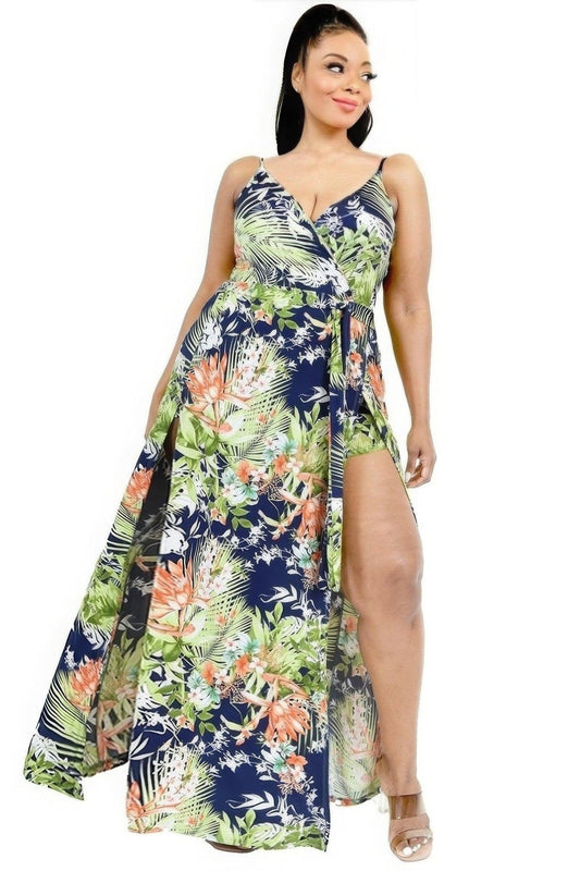 Plus Tropical Leaf Print Surplice Maxi Dress - Premium Dress - Shop now at Oléna-Fashion