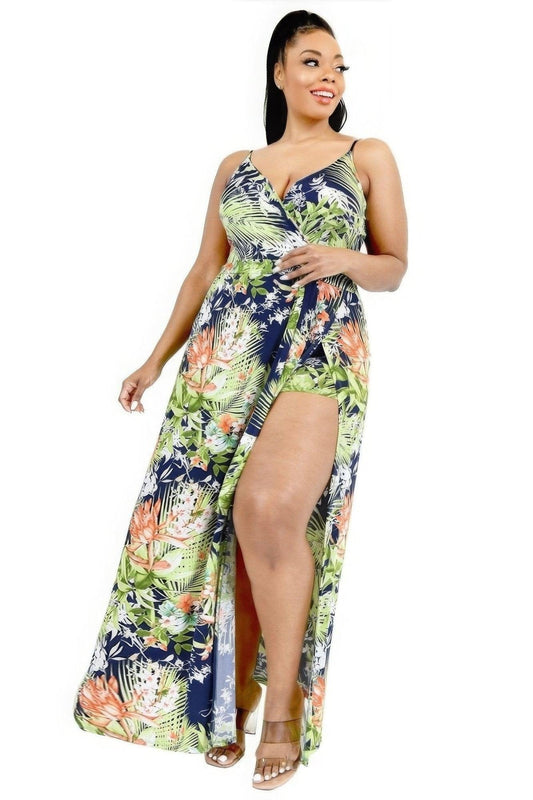 Plus Tropical Leaf Print Surplice Maxi Dress - Premium Dress - Shop now at Oléna-Fashion