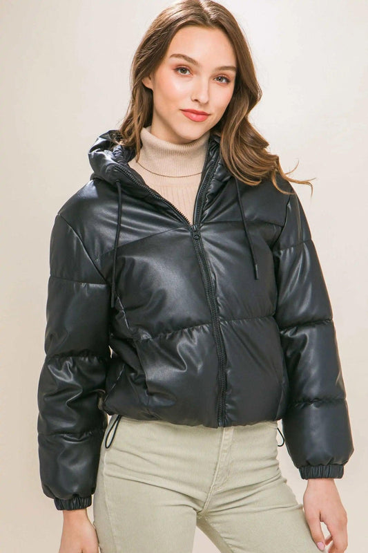 Pu Faux Leather Zipper Hooded Puffer Jacket - Premium  - Shop now at Oléna-Fashion