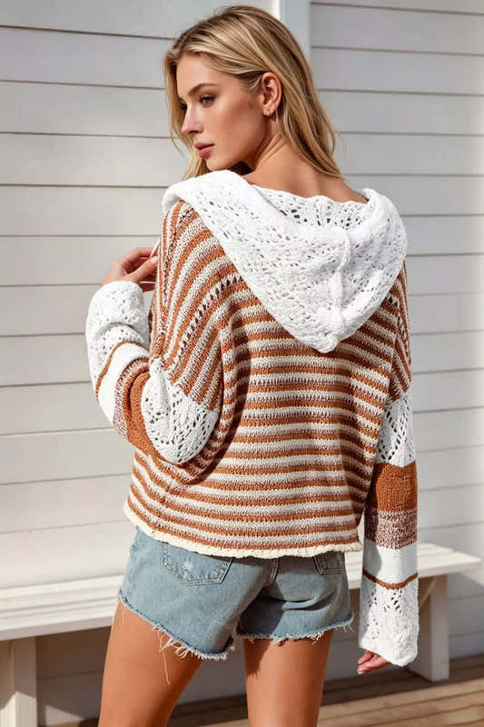 Pull à capuche femme ajouré camel à manches longues – vue 2