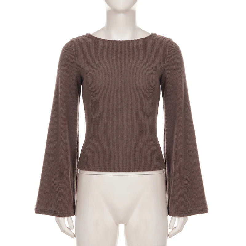 Pull col bateau en maille côtelée à manches évasées pour femme – vue 5
