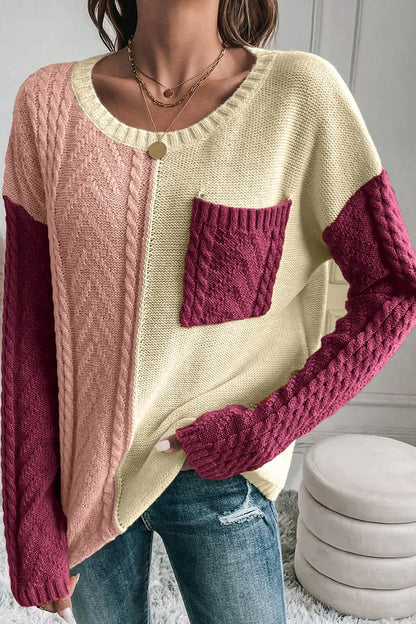Pull femme à blocs de couleurs, torsades et épaules tombantes – vue 3