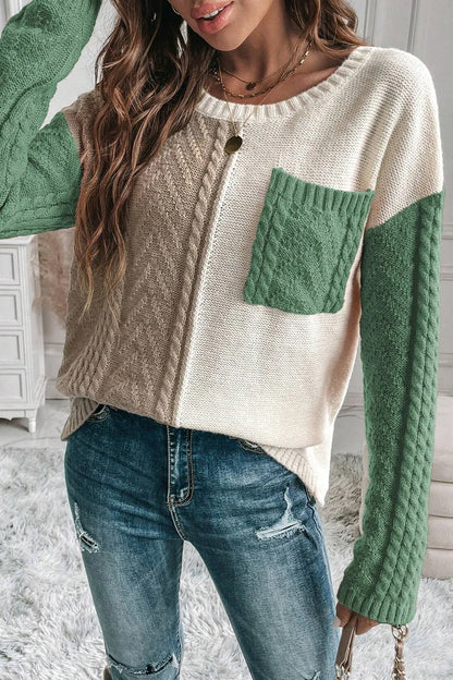 Pull femme à blocs de couleurs, torsades et épaules tombantes – vue 4