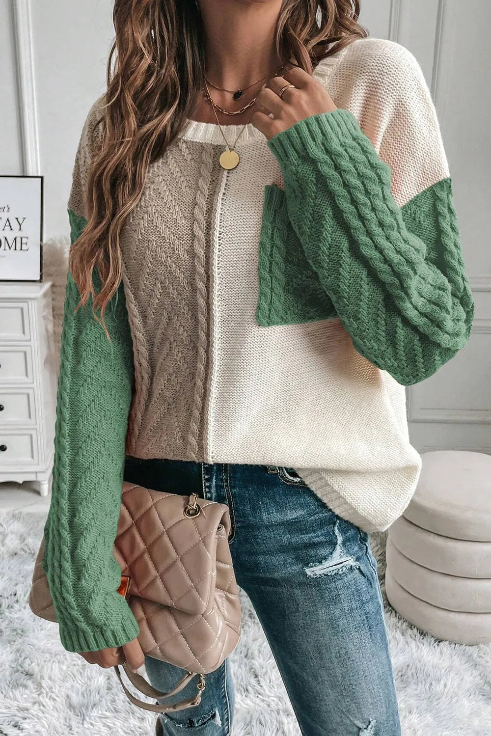 Pull femme à blocs de couleurs, torsades et épaules tombantes – vue 5