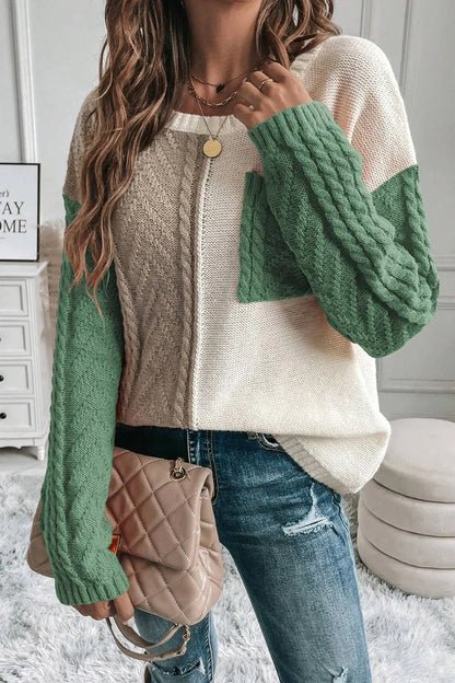 Pull femme à blocs de couleurs, torsades et épaules tombantes – vue 5