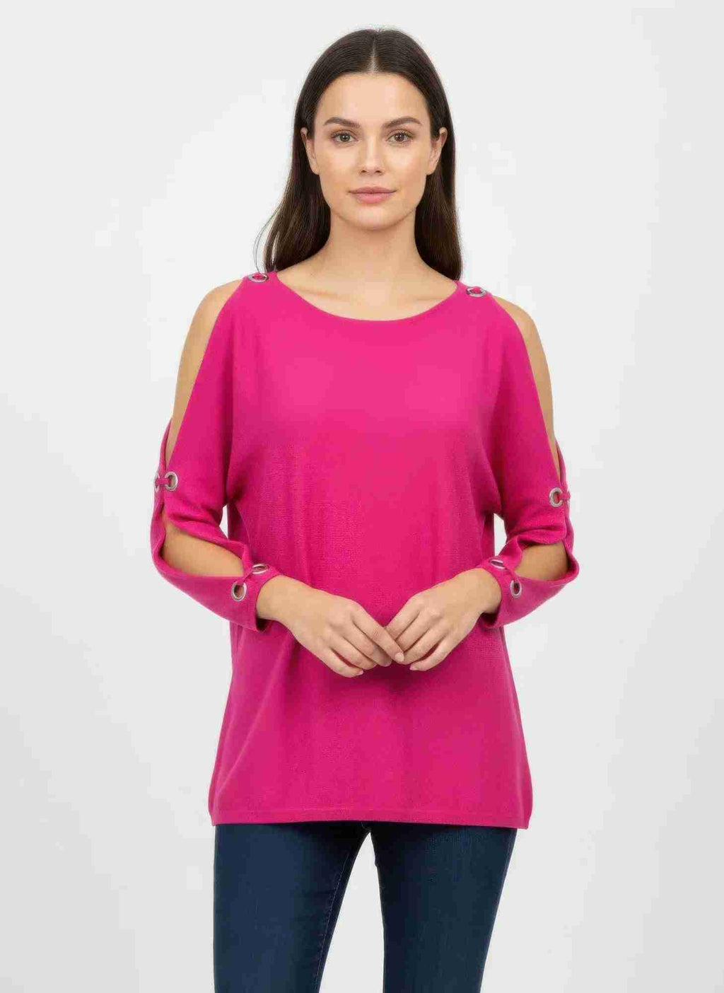 Pull femme rose fuchsia à col bateau, manches 3/4, œillets décoratifs sur les poignets