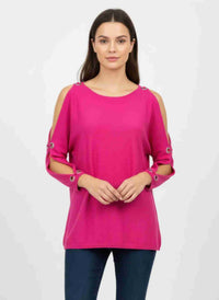 Pull femme rose fuchsia à col bateau, manches 3/4, œillets décoratifs sur les poignets