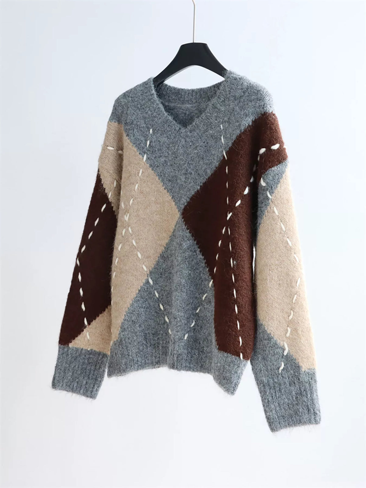 Pull femme ample à col en V et motif losanges – vue 12