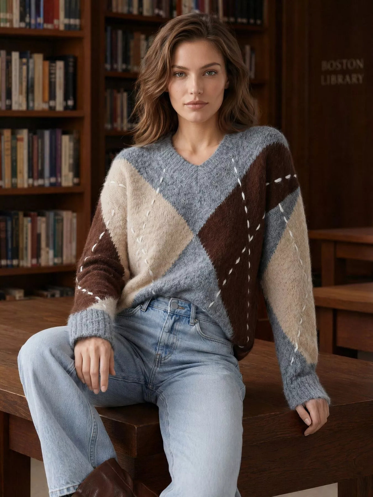 Pull femme ample à col en V et motif losanges – vue 9