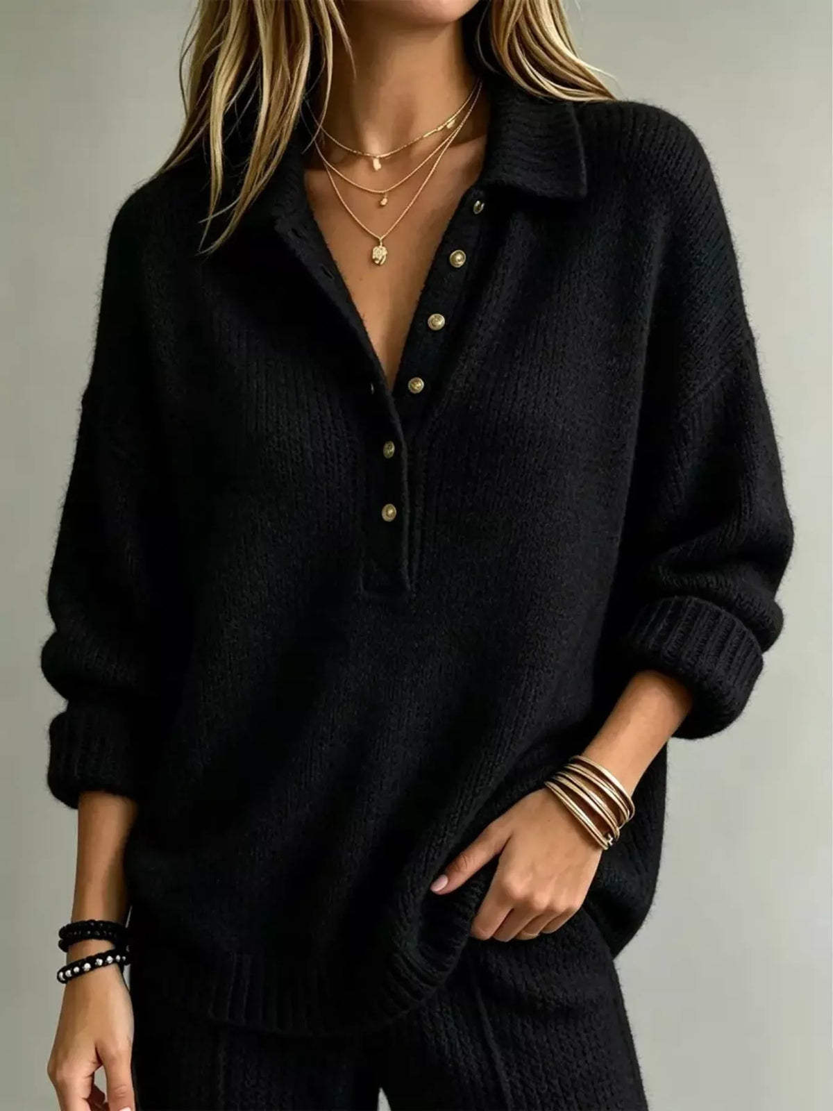 Pull femme grande taille à épaules tombantes et boutons – vue 3